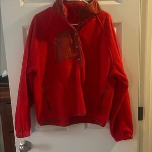 Red Fleece Pullover with Brown Accents